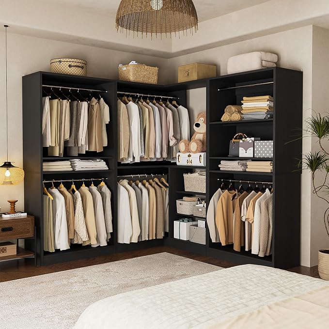 Unikito 108” Corner Closet System, 3-Piece L-Shaped Closet Organizer with 2 Closet Towers and 1 Corner Unit, Heavy Duty Wood Garment Rack with 6 Hanging Rods, Freestanding Walk-in Wardrobe, Black