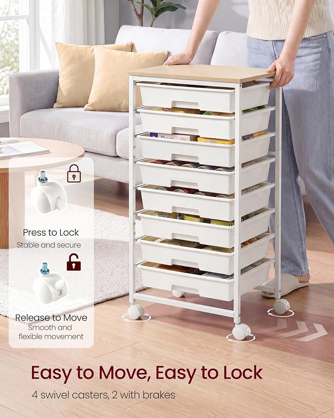 VASAGLE 8-Drawer Rolling Storage Cart, Utility Cart with Wheels and Wood Top, Craft Organizer for Office and Home, 15.6 x 11.2 x 30.1 inch, White, Benco Collection ULRC006W101