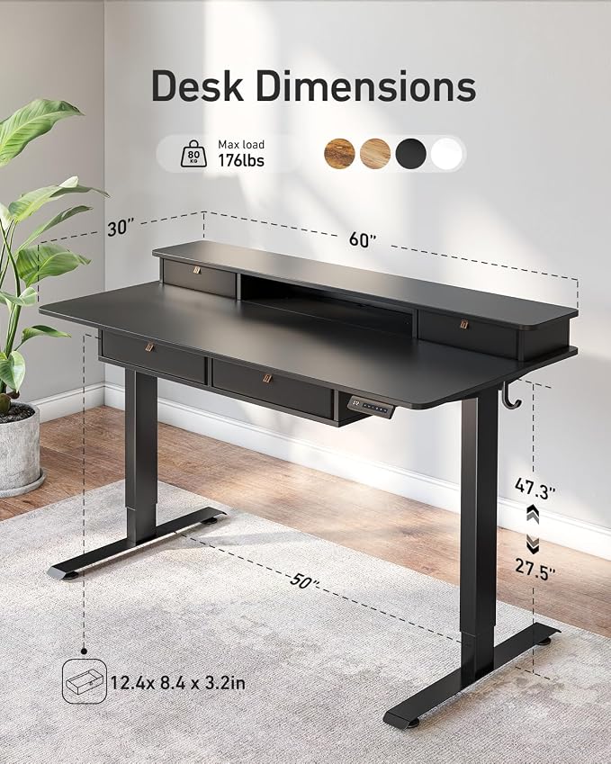 FEZIBO 60 x 30 inch Standing Desk with Drawers, Height Adjustable Electric Workstation, Computer Sit Stand Up Table with Large Storage Shelf 4 Drawers and 2 Hooks, Black