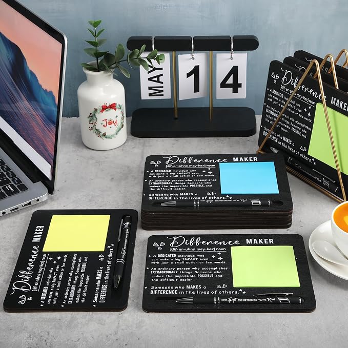 Kosiz 10 Set Back to School Teacher Gifts Bulk Wooden Black Motivational Sticky Note Holder with Notes and Ballpoint Pen Thank You Appreciation Gifts for Teacher Back to School Party Supplies