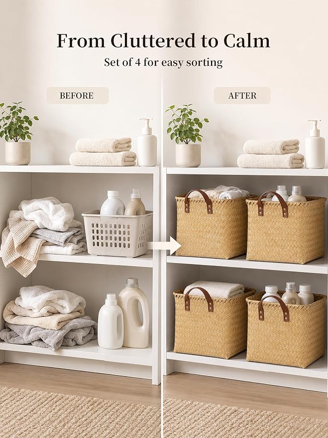 Hand Woven Baskets for Storage, 4Pcs Water-Resistant Wicker Baskets, Yellow Wicker Storage Baskets for Shelves, Large Basket with Handle for Organizing, Clothes, Laundry, Blanket - Square