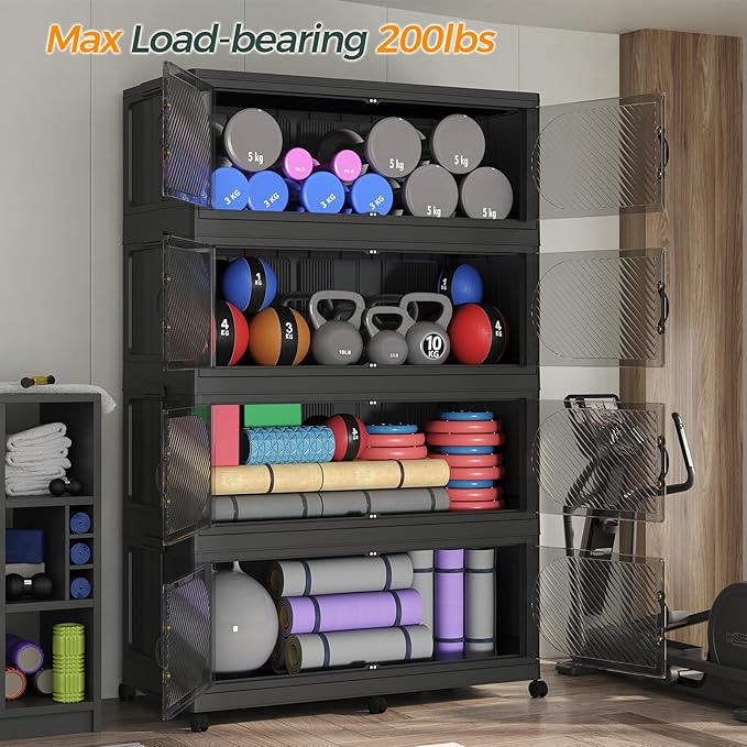 720QT Extra Large Stackable Storage Bins with Lid & Wheels & Doors, 180Gal Foldable Collapsible Closet Organizers, Plastic Cabinet Box Container Drawer for Home Kitchen Bedroom, 3Pack Black