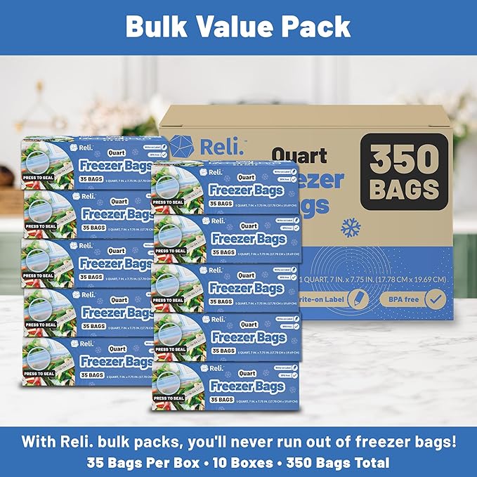 Reli. Quart Freezer Bags (350 Count) 7x7.75 inch, Freezer Bags Quart Size | 1Qt Double Zipper, Press to Seal, Write On Label | Food Storage for Freezing Bulk | Clear