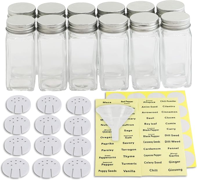 Simple Houseware Spice Jars 4-oz Square Glass Bottles, 12 Pack | 4 Ounce, with Shaker Lids, Funnel and Labels for Seasoning & Storage