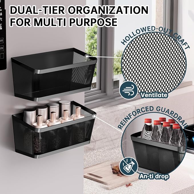 2Pcs Magnetic Spice Rack for Refrigerator, Black Magnetic Shelves | Powerful Magnet Hanging Basket Holder, Magnetic Organizer Shelf for Fridge, For Seasonings Fruit Vegetables Coffee Beans
