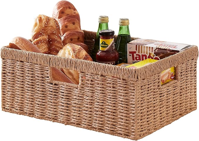 OIAHOMY Wicker Storage Basket, Rectangular Paper Rope Shelf Baskets with Built-in Handles, Woven Decorative Organizer for Pantry, Shelves, Living Room and Bathroom, 1-Pack Natural