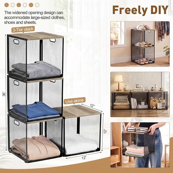 AceOrbit 3 Pcs Widened Stackable Closet Organizers and Storage with Wood Foldable Top Metal Cube Closet Shelf DIY Space Saving Linen Cloth Shoe Bed Sheet Bin for Wardrobe Bedroom (12"x12"x12", Lights)