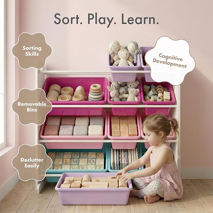 Humble Crew Toy Storage Organizer with 12 Removable Storage Bins for Kids Playroom, 4-Tier Toddler Toy Organization and Storage, White/Pink/Purple/Turquoise