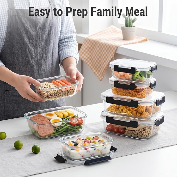 Dealusy 10 Sets (20-Piece) 36 oz & 12 oz Glass Food Storage Containers with lids, Airtight Leak-proof Glass Meal Prep Containers with Lids, Microwave Oven Freezer Dishwasher Safe, Black