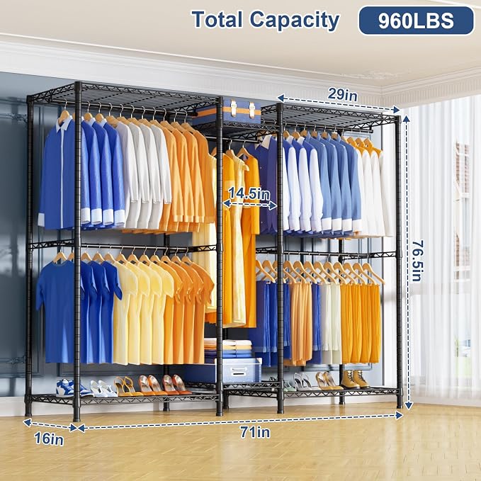 Ulif E12 Pro Clothes Rack，Heavy Duty Freestanding Garment Rack with Shelves，Metal Clothing Closet Storage System for Hanging Clothes，71" W x 16" D x 76.5" H, Hold 960 lbs，Black