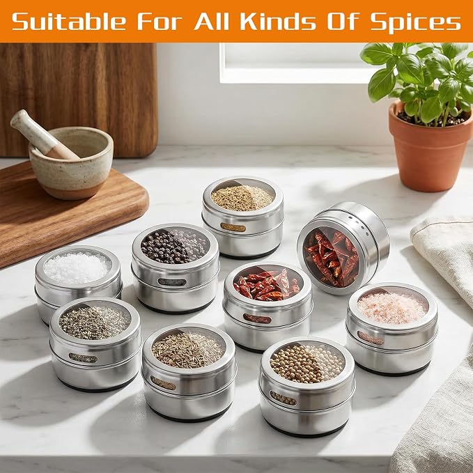 Magnetic Spice Rack with 2 Metal Plates & 8 Magnetic Spice Jars - Stainless Steel Seasoning Tins with Clear Lid & Double-Sided Stickers for Kitchen Refrigerator Organization