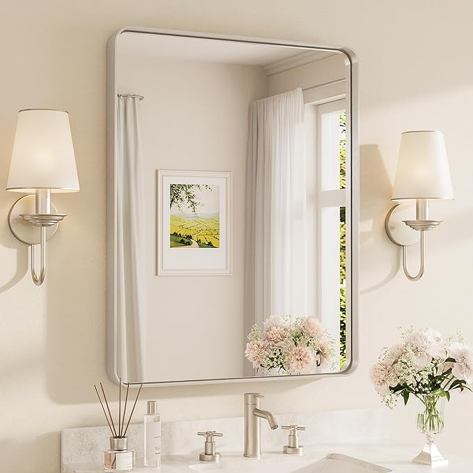 TETOTE Brushed Nickel Mirror 28 x 36 Inch for Bathroom Over Sink Metal Framed Mirror Modern Farmhouse for Living Room Entryway(Horizontal/Vertical)