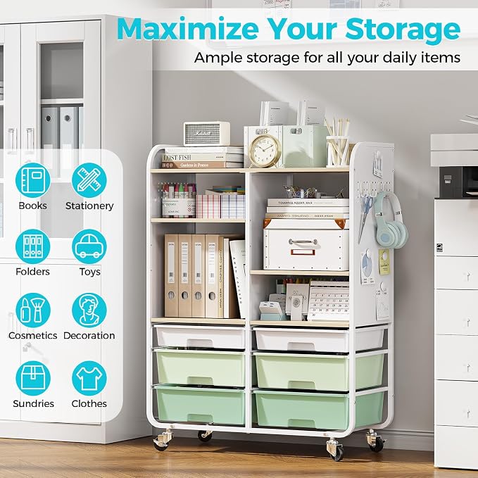 6-Drawer Rolling Storage Cabinet with Wooden Top & Pegboards，Utility Craft Cart with 2 Adjustable Shelves and Lockable Wheels,Mobile Organizer for School Dorm,Classroom,Artroom,Craftroom (Green)