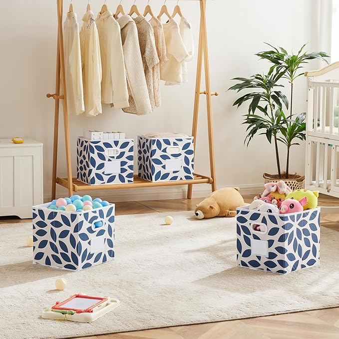MAX Houser 6 Pack Foldable Fabric Storage Bins with Handles - Ideal for Closet Organization, Bedroom （Blue, 12"x12"x12"）