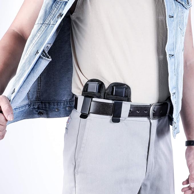 2 Pack Universal Magazine IWB Pouch Concealed Carry 9mm .40 .45 .380 .357, Mag Holster for S&W M&P Sig Sauer Ruger Glock, Handgun Ammo Gun Ammunition Holsters