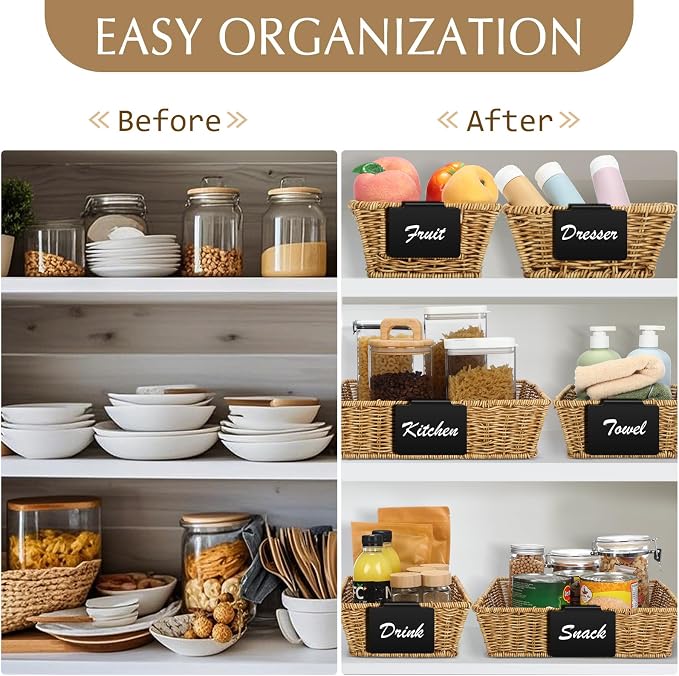 Marsui 9 Pcs Wicker Storage Baskets for Pantry Organization with Handle Labels Handwoven Multi-size Brown Small Organizer Baskets Storage Bins Container for Shelves Closet Toilet Christmas Holiday
