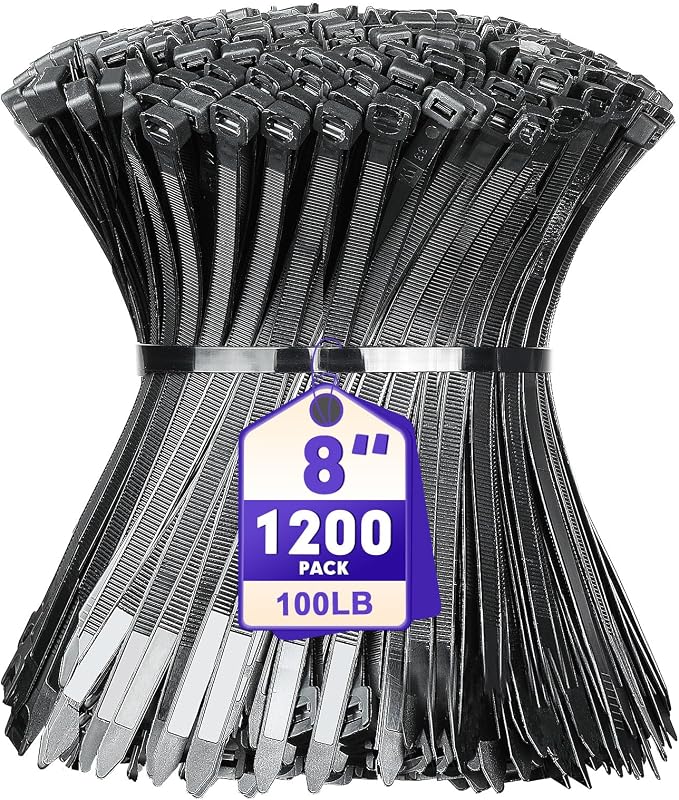 Zip Ties, RAZCC 1200pcs Black Cable Zip Ties 8 Inch, Heavy Duty Plastic Wire Ties with 100lb Tensile Strength, Self-Locking Black Nylon Tie Wraps for Indoor and Outdoor