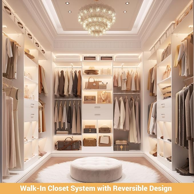 5FT Closet Organizer System with Wooden Drawers, 60 Inches Walk In Closet System With 5 Hanging Rods, Can Fit 1.58 to 6.8 FT with Reversible Hanging Shelving, White