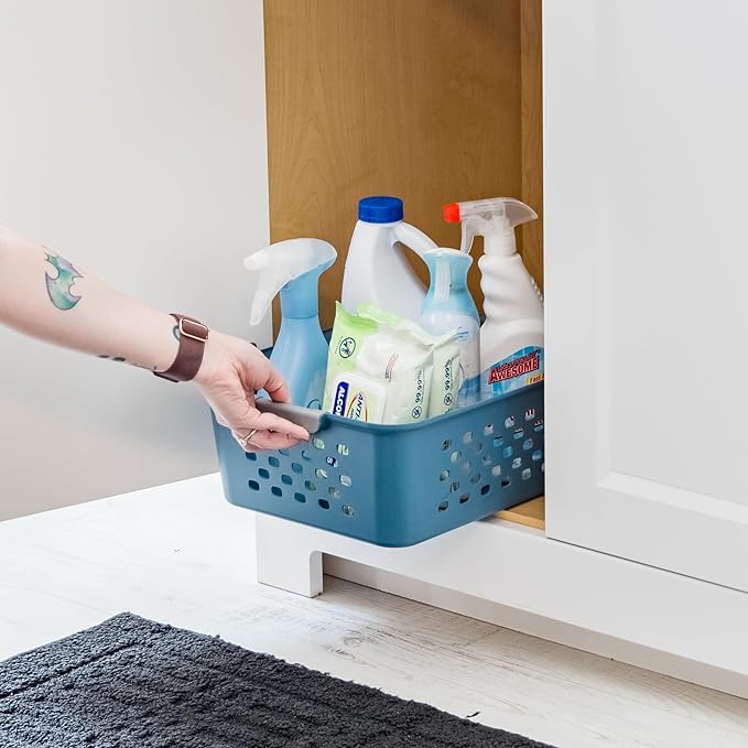 IRIS USA 6-Pack, Medium Plastic Storage Basket, Navy | Organize pantry items, office supplies, crafts, accessories, and household essentials with easy-carry storage for shelves