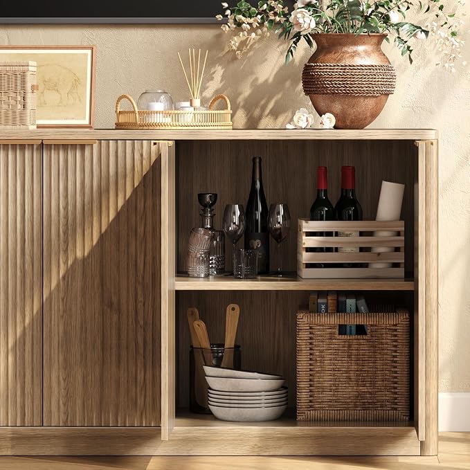 Evermagin 67" Fluted Oak Buffet Cabinet with Storage | Mid-century modern wood sideboard, large credenza with 6 doors for kitchen or living room, 67"W x 31.5"H x 15.7"D