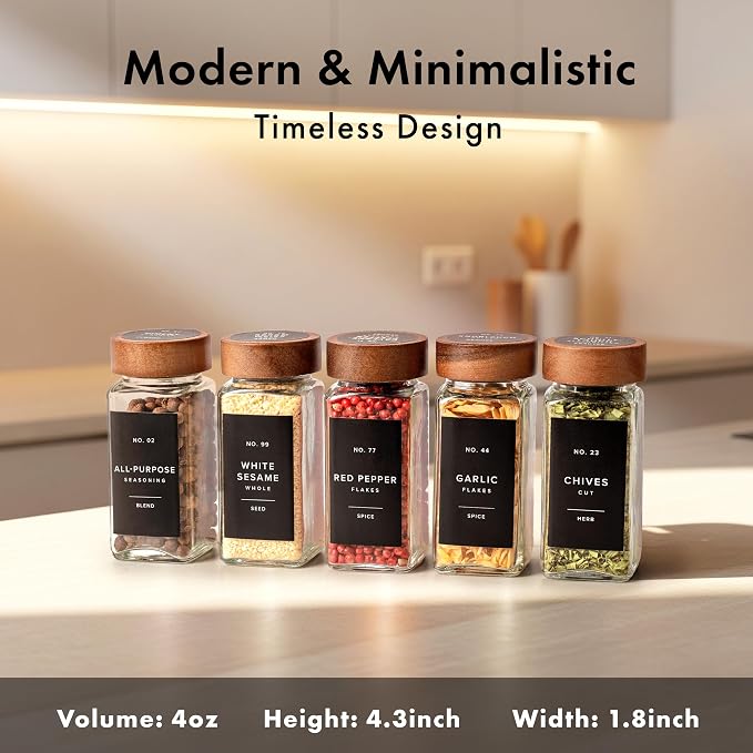 EDELHAUS Glass Spice Jars with Label, 36x Acacia Wooden Lids - Black Labels | Airtight Lids keep spices fresh, Kitchen Spice Drawer Organizer, 4oz Seasoning Containers incl. Funnel, Brush & 240 Labels