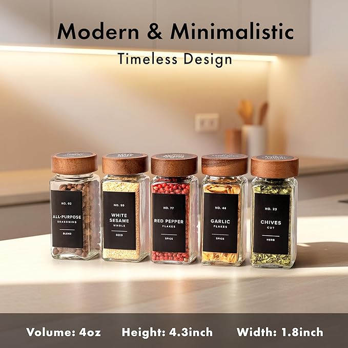 EDELHAUS Glass Spice Jars with Label, 24x Acacia Wooden Lids - Black Labels | Airtight Lids keep spices fresh, Kitchen Spice Drawer Organizer, 4oz Seasoning Containers incl. Funnel, Brush & 240 Labels