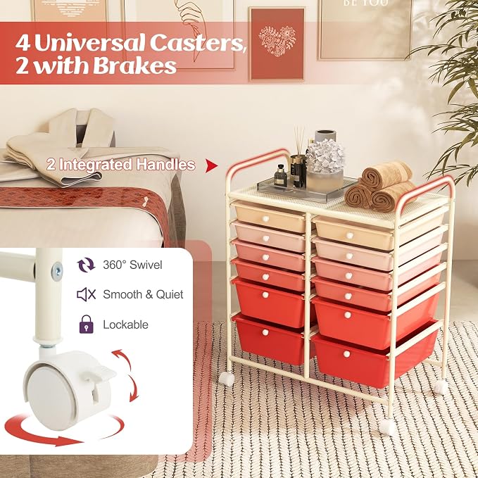 DREAMADE Mixed-pink 12-Drawer Rolling Storage Cart with Removable Drawers, Metal Frame, Polypropylene Drawers, Lockable Wheels