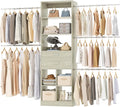 Besiost Closet System, 4-8 FT Closet Organizer Tower with 2 Wooden Drawers and Shelves, Can Fit 60 to 96 inch Walk-in Closet System with 5 Hang Rods, Built-in, Greige Oak
