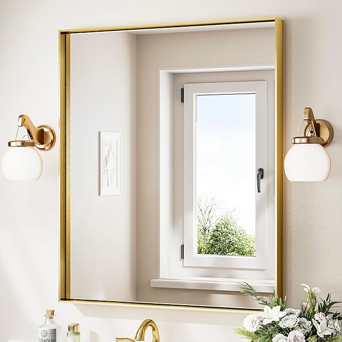 Keonjinn 30 x 36 in Brushed Gold Bathroom Mirror for Over Sink Metal Framed Rectangular Wall Mirror Shiny Gold Mirror for Vanity Aluminum Alloy Brass Gold Rectangle Mirror (Horizontal/Vertical)