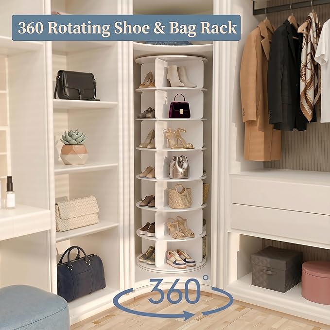 Cushore 7 Tier Rotating Shoe Rack Tower, 360° Spinning Shoe Display Lazy Susan, Tall Revolving Shoe Storage Round Carousel, White