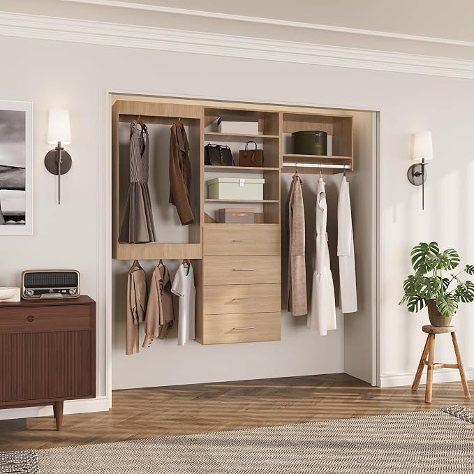 ROOMTEC Modular Closet System, 72" Wall Mounted Closet Organizer with Hanging Rods and Drawers, Modern Wooden Tower for Walk-In Closets, Wardrobe Storage Kit, Wood