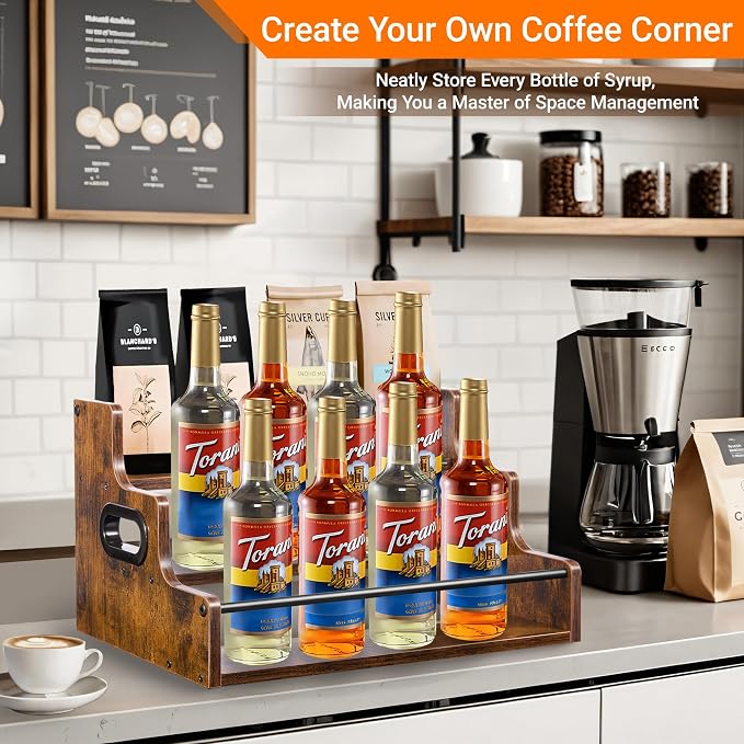 YQBRAO Liquor Bottle Display Shelf, 3-Tier Bar Shelves for Liquor Whiskey, Spirits, Coffee Syrup Rack Organizer with Handles & Metal Guardrail, Bar Bottle Stand for Home, Kitchen, Cafe