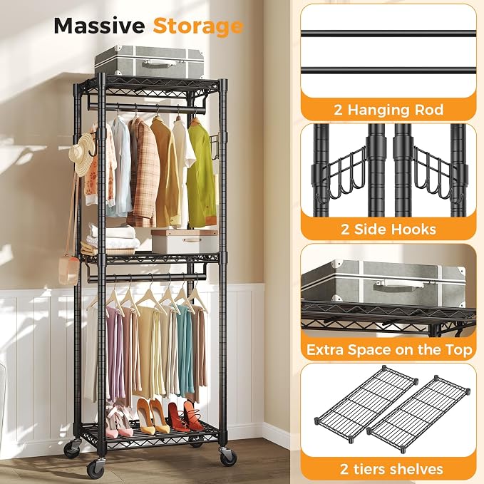 NEWBULIG Heavy Duty Clothing Rack with Wheels, 3-Tier Adjustable Wire Garment Rack, Metal Freestanding Closet Organizer System with Double Hanging Rods & 8 Side Hooks, 23" x 15" x 75", Black