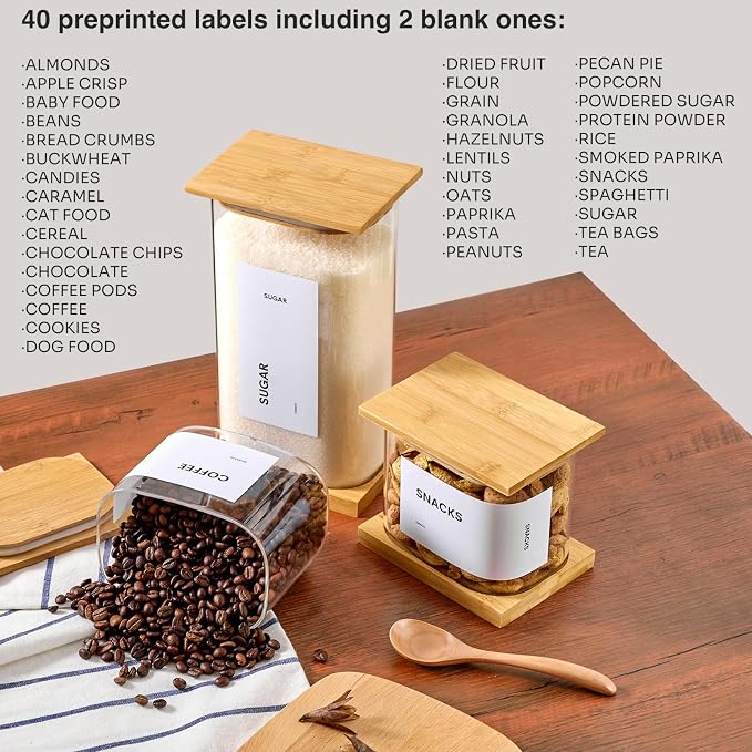 Glass Storage Jars with Bamboo Lids, 100oz Square Food Storage Containers for Kitchen Pantry Organization, Storage Canisters with Labels for Cereal Flour Beans Tea, Large Spice jars Seasoning Bottles