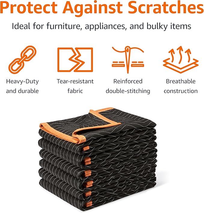 Amazon Basics Reinforced Tear-Resistant Moving Blankets, 72" x 80", Black, 6-Pack