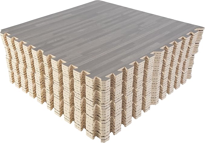 Foam Floor Tiles - 96sqft Wood Grain Interlocking Foam Tiles with Border - Foam Play Mat Playroom or Gym Flooring for Home Gym by Stalwart (Gray)