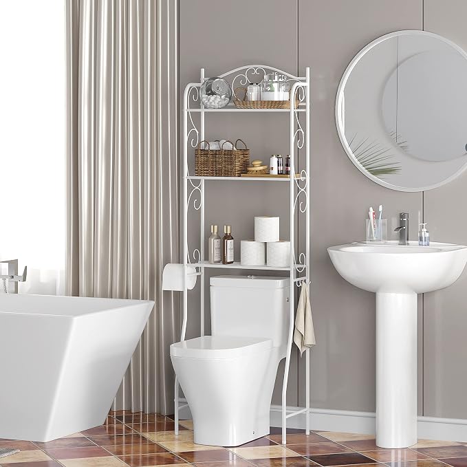 HOME BI Over The Toilet Storage Shelf, 3-Tier Over Toilet Bathroom Organizer Rack, Freestanding Space Saver Toilet Stands with Hooks (White)