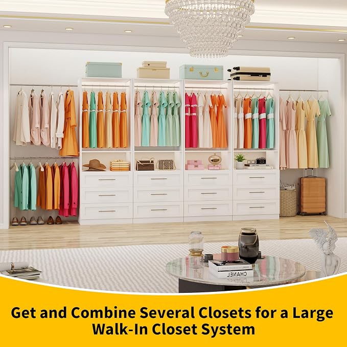 Closet System with 12 Drawers, 8-21FT Closet Systems for Walk in Closets with 8 Expandable Rods & 4 Shelves, Custom Wood Modular Closet Organizer Drawer System Shelving Kit, 4 Sets, White