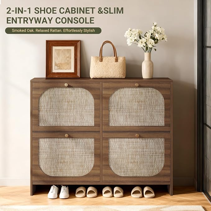 Nicetree Freestanding Ultra Slim Arched Accent Entryway Shoe Storage - 4 Flip Drawers & 3-Tier Adjustable Shelves, Modern Slim Shoe Cabinet for Hallway, Foyer (flip Down Shoe Cabinet | Amber Oak)