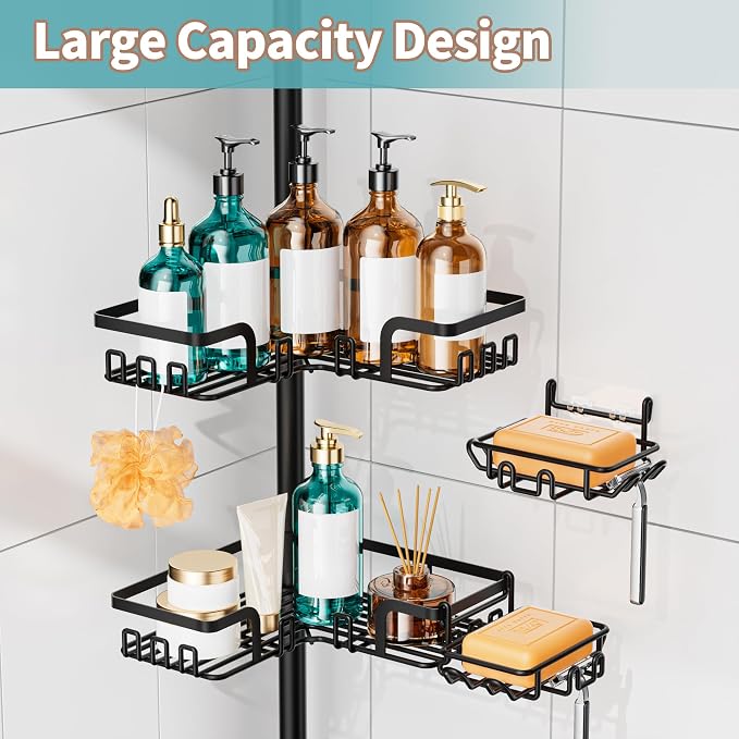 KEGII Corner Shower Caddy Tension Pole, Stainless Steel Shower Organizer | 32 Hooks & 2-in-1 Soap Holders, Adjustable 25–114.2 Inch, Rustproof Bathroom Storage Rack for Families and Renters, Black