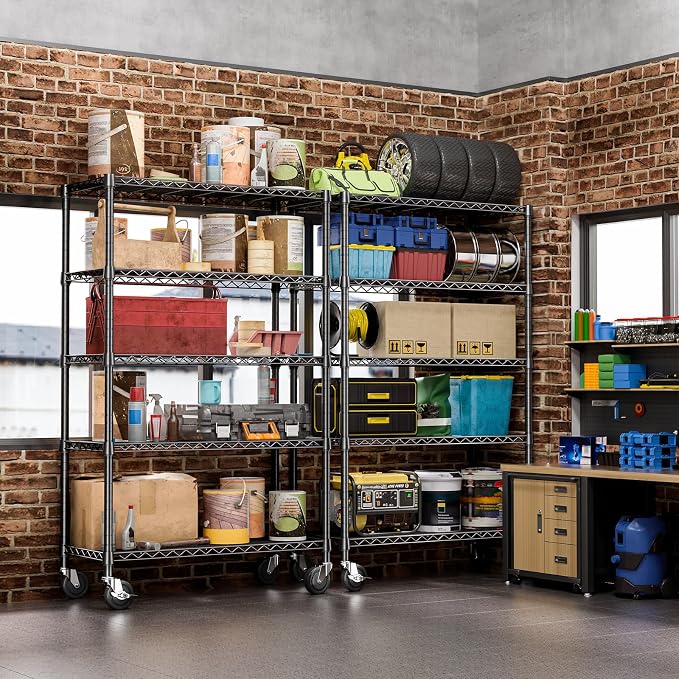 Wire Shelving with Wheels for Garage, 48” Heavy Duty Utility Storage Shelf | 5-Tier 1750 lbs Metal Shelves, 17.7" D x 47.2" W x 76.7" H Adjustable Black Garage Shelving for Kitchen, Laundry and Basement