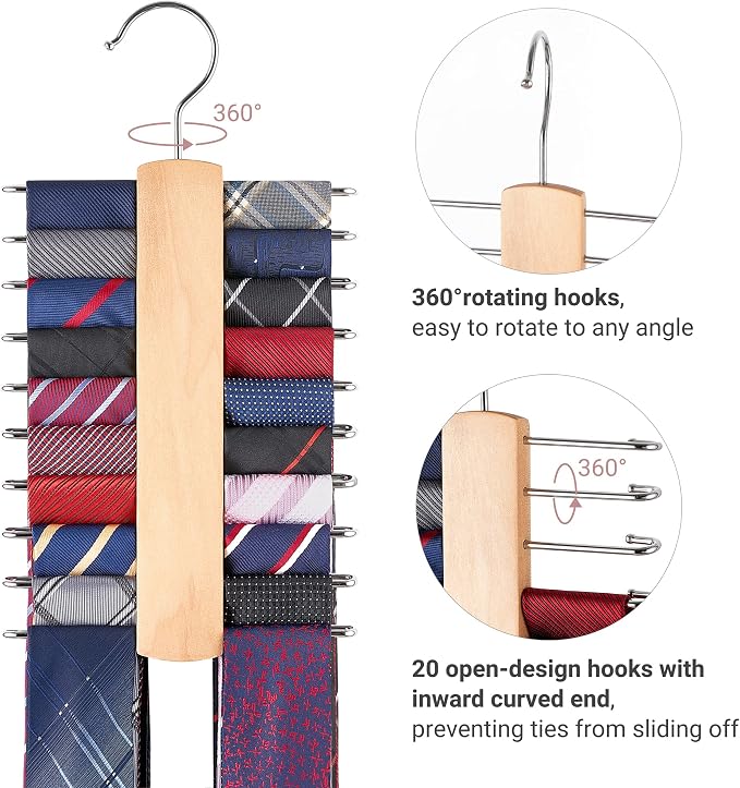 Mkono Wooden Tie Rack Retro Tie Belt Storage Hanger Organizer for Men Closet Space Saving Rack with 20 Non-Slip Hooks for Ties Belt Scarf Organize 360 Rotate Hanger Tie Holder, 1 Piece, Wood Color