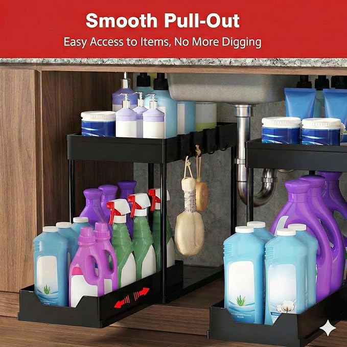 2-Tier Multi-Purpose Pull-Out Home Organizer – Under-Sink & Cabinet Sliding Storage for Kitchen & Bathroom – Durable, Space-Saving Design – Black (1-Pack)
