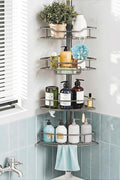 Corner Shower Caddy Tension Pole, 4 Tier Rustproof Shower Tension Rod Organizer, Adjustable 25-125 Inch Bathroom Shower Organizer Shelves for Bathtub Shampoo Storage, Grey