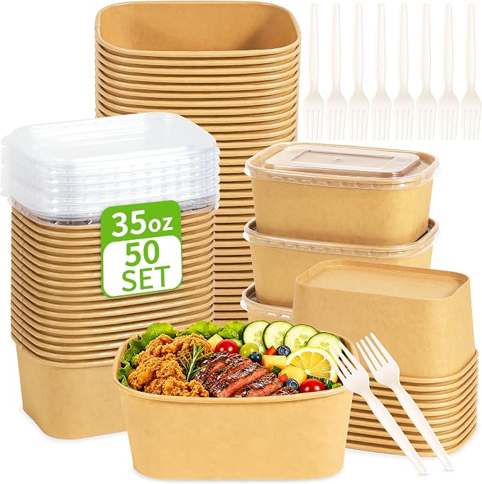 50 Pack 35oz Meal Prep Containers with Lids and Forks for Lunch Takeout | Disposable, Compostable Kraft Paper Bowls To Go, Microwave & Freezer Safe Food Containers for Hot Soup, Cold Dessert