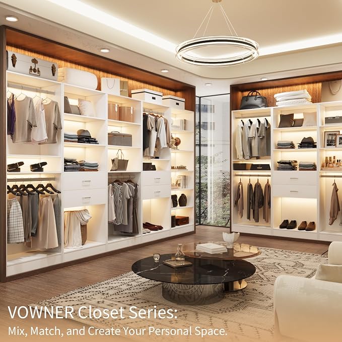 VOWNER 25'' Closet Organizer System Small Freestanding Closet System | 6 Adjustable Shelves, 2 Hanging Rod, White Modular Closet System for Small Closet, Space-Saving, Easy Assembly