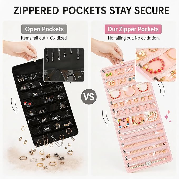 32-Pocket Hanging Jewelry Organizer and Foldable Travel Roll | Clear Zippered Pockets, Necklace Clasps, Swivel Hook and Carry Buckle Keep Pieces Visible and Tangle-Free, Pink