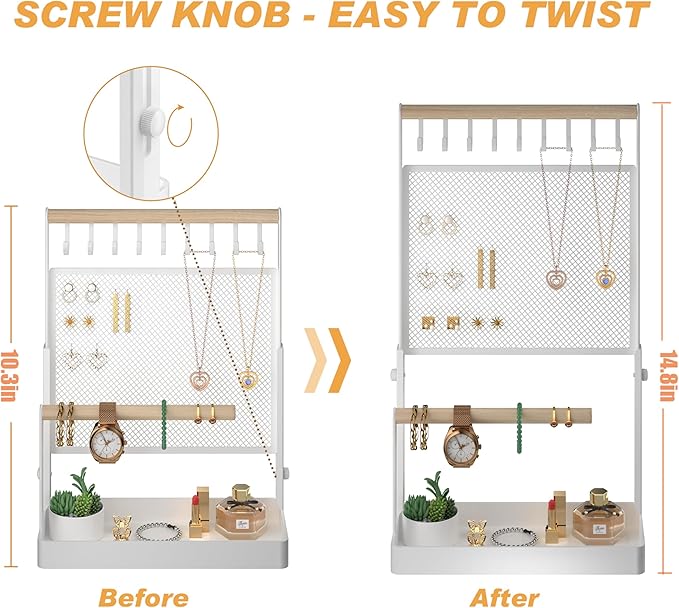 Jewelry Organizer Stand, Liftable Necklace Holder with Earring Organizer Net, 9 Hooks Necklaces Storage Wooden Handing Bar for Bracelets Watches Rings (White)