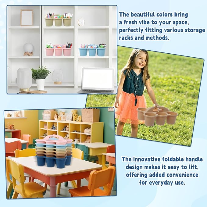 gisgfim 6 Pack Classroom Caddy Organizer with Handle Boho Plastic Table Caddy Drink Cup Caddies Holder 12x9x3.5 Inches Storage School Supplies 6 Compartments for Table Crayon Pencil Cup Marker Craft