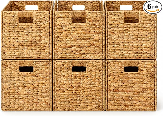 6 Hand-Woven Wicker Storage Baskets 13x11x11in, Water Hyacinth Shelf Bins | ECO-FRIENDLY & SUSTAINABLE